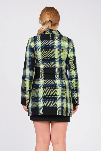 Kadın Metal Düğme Detay Ekose Desenli Ceket Yeşil - 6