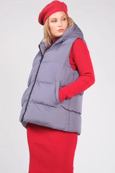 Kadın Kapüşonlu Şişme Yelek İndigo