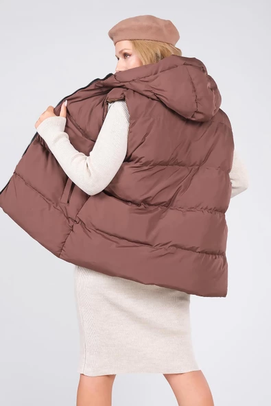 Kadın Kapüşonlu Şişme Yelek Kahverengi - 6