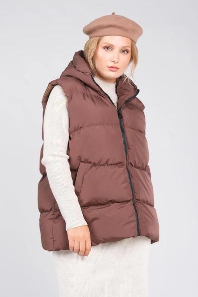 Kadın Kapüşonlu Şişme Yelek Kahverengi - 3