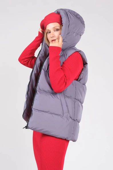 Kadın Kapüşonlu Şişme Yelek İndigo - 5