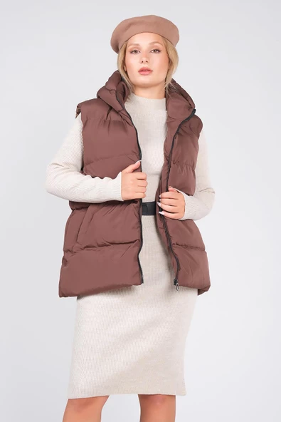 Kadın Kapüşonlu Şişme Yelek Kahverengi - 4