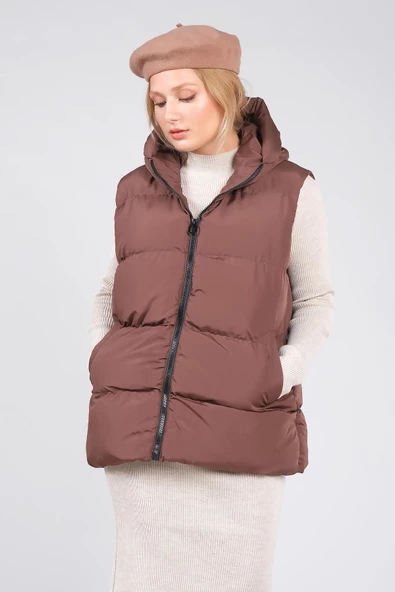Kadın Kapüşonlu Şişme Yelek Kahverengi - 2