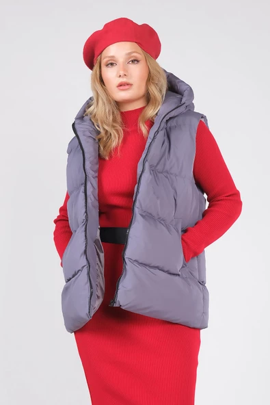 Kadın Kapüşonlu Şişme Yelek İndigo - 4