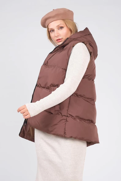 Kadın Kapüşonlu Şişme Yelek Kahverengi - 5