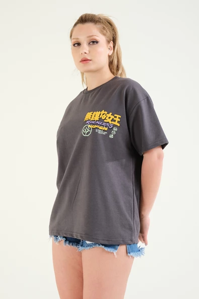 Kadın Baskılı Oversize T-Shirt Antrasit - 4