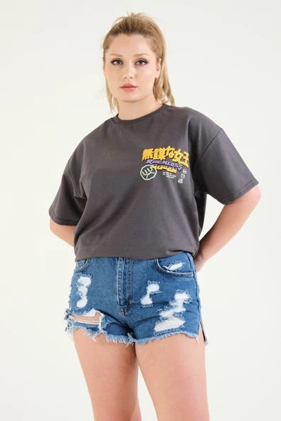 Kadın Baskılı Oversize T-Shirt Antrasit - 2