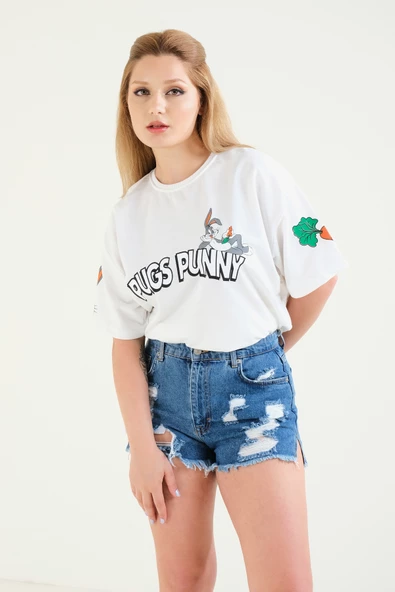 Kadın Baskılı Oversize T-Shirt Ekru