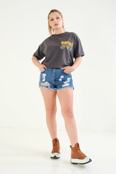Kadın Baskılı Oversize T-Shirt Antrasit - 3