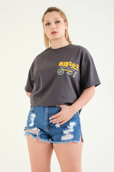 Kadın Baskılı Oversize T-Shirt Antrasit