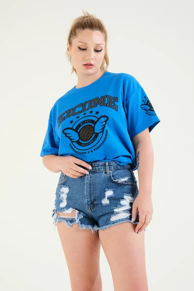 Kadın Baskılı Oversize T-Shirt Saks Mavi
