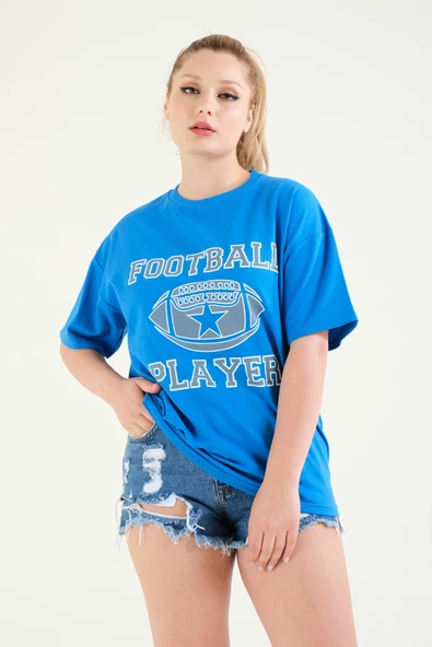 Kadın Baskılı Oversize T-Shirt Saks Mavi