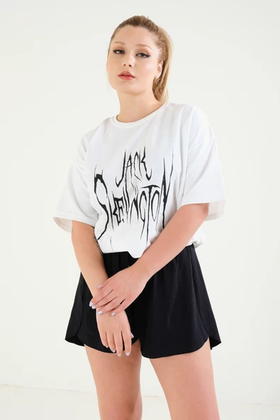 Kadın Baskılı Oversize T-Shirt Ekru