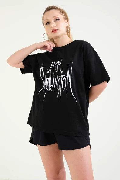 Kadın Baskılı Oversize T-Shirt Siyah
