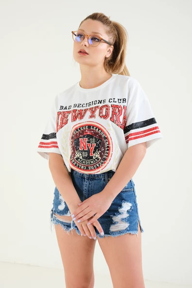 Kadın Baskılı Oversize T-Shirt Ekru - 2