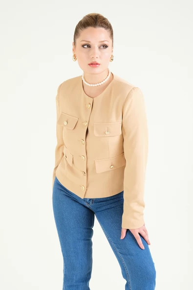 Kadın Cep Detaylı Düğmeli Ceket Camel - 3