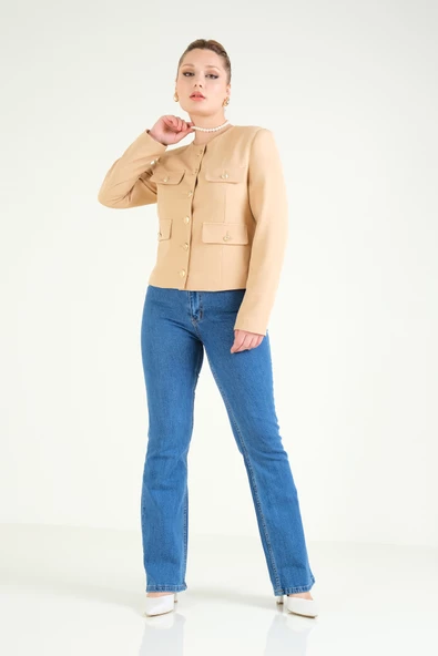 Kadın Cep Detaylı Düğmeli Ceket Camel