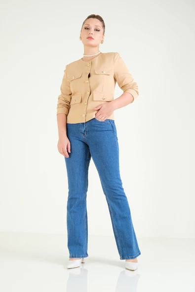 Kadın Cep Detaylı Düğmeli Ceket Camel - 2