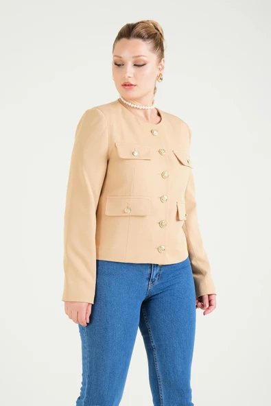 Kadın Cep Detaylı Düğmeli Ceket Camel - 6