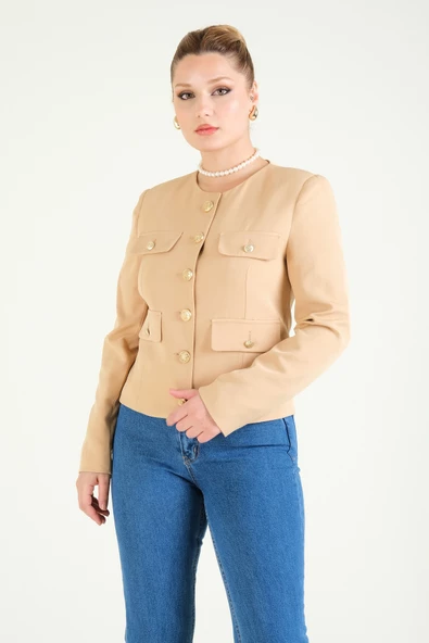 Kadın Cep Detaylı Düğmeli Ceket Camel - 4