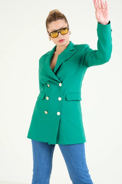 Kadın Düğme Detaylı Kruvaze Ceket Zümrüt - 5