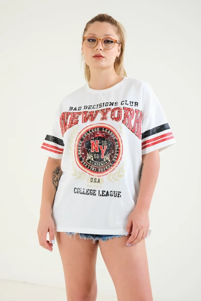 Kadın Baskılı Oversize T-Shirt Ekru - 5