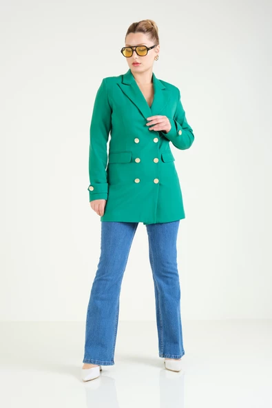 Kadın Düğme Detaylı Kruvaze Ceket Zümrüt - 3