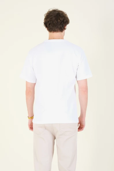 Erkek Sıfır Yaka Oversize  T-Shirt Ekru - 6