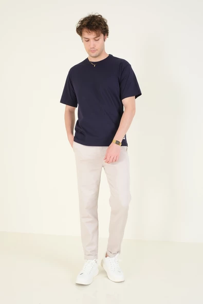 Erkek Sıfır Yaka Oversize Nakışlı T-Shirt Lacivert - 4