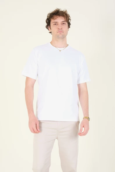 Erkek Sıfır Yaka Oversize  T-Shirt Ekru - 2