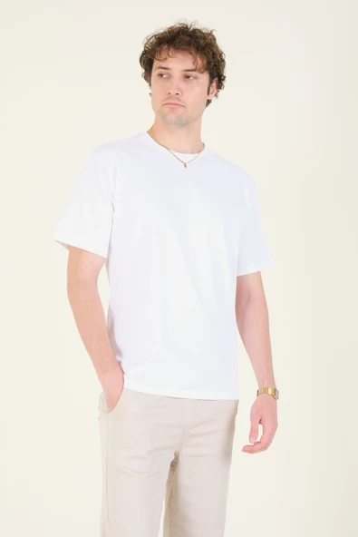 Erkek Sıfır Yaka Oversize  T-Shirt Ekru - 3