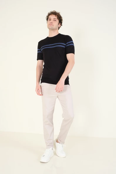 Erkek Sıfır Yaka Çizgili Merserize T-Shirt Siyah - 5
