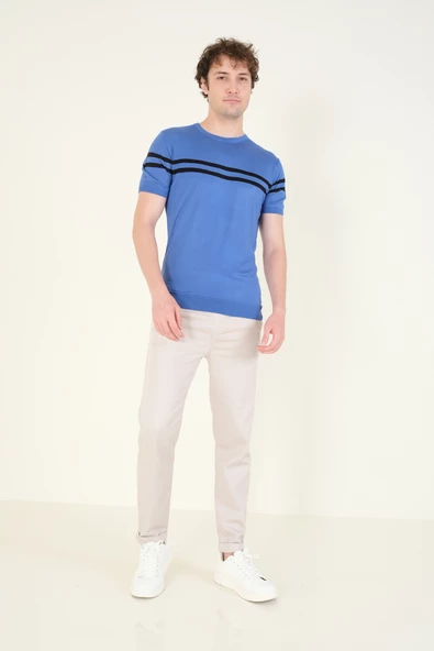 Erkek Sıfır Yaka Çizgili Merserize T-Shirt İndigo - 4