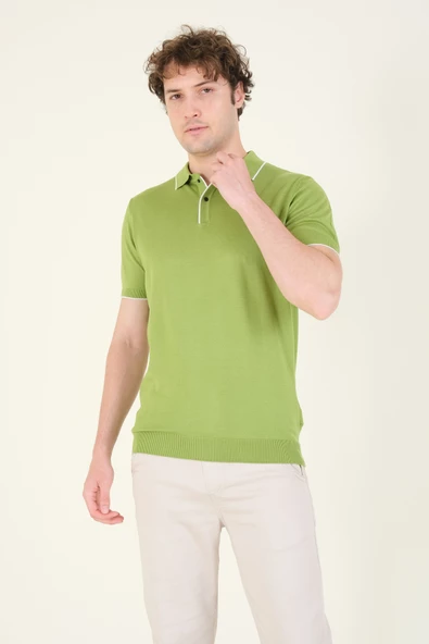 Erkek Çıtçıtlı Yaka Biyeli Merserize T-Shirt Yeşil - 3