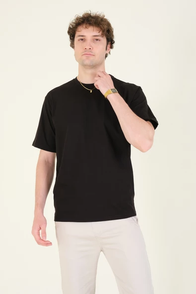 Erkek Sıfır Yaka Oversize T-Shirt Siyah - 2