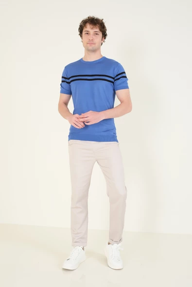 Erkek Sıfır Yaka Çizgili Merserize T-Shirt İndigo - 5