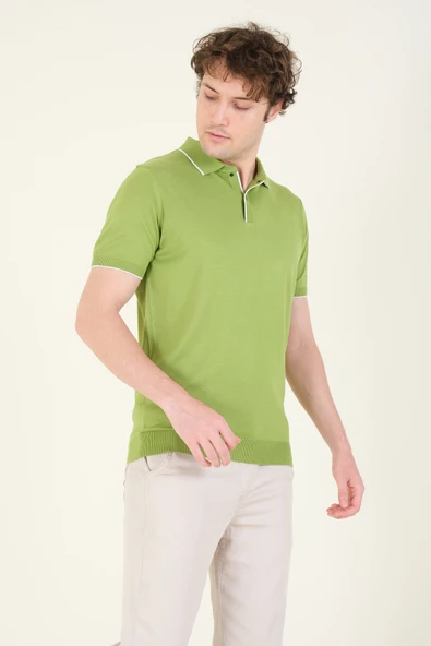 Erkek Çıtçıtlı Yaka Biyeli Merserize T-Shirt Yeşil - 2