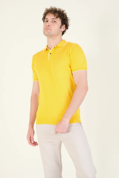 Erkek Çıtçıtlı Yaka Biyeli Merserize T-Shirt Sarı