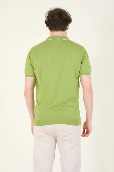 Erkek Çıtçıtlı Yaka Biyeli Merserize T-Shirt Yeşil - 6