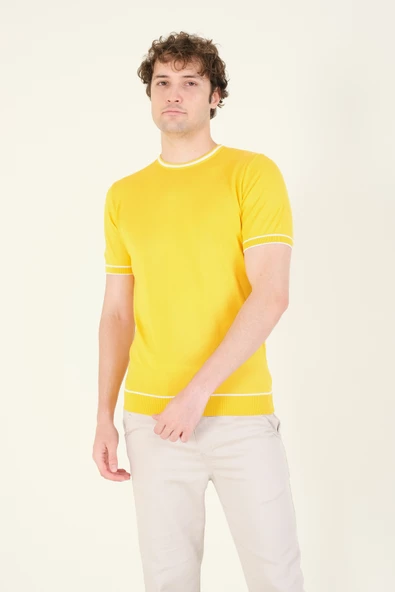Erkek Sıfır Yaka Biyeli Merserize T-Shirt Sarı - 3