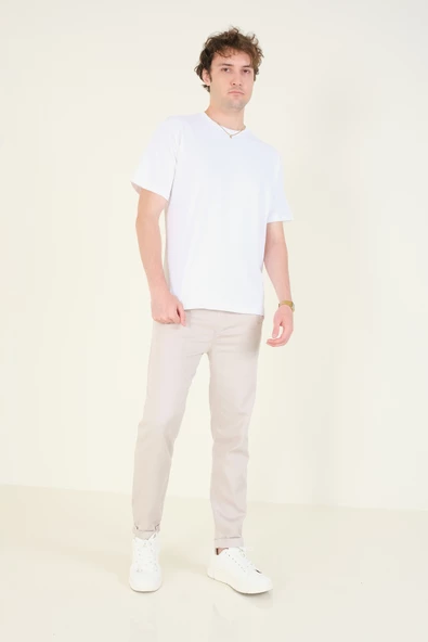 Erkek Sıfır Yaka Oversize  T-Shirt Ekru - 5