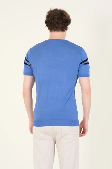 Erkek Sıfır Yaka Çizgili Merserize T-Shirt İndigo - 6