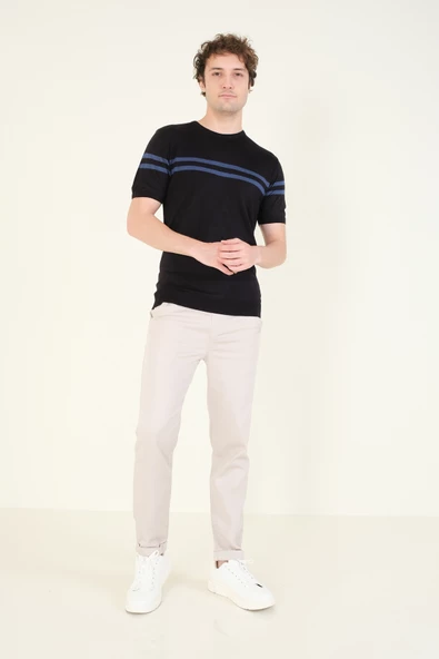 Erkek Sıfır Yaka Çizgili Merserize T-Shirt Siyah - 4