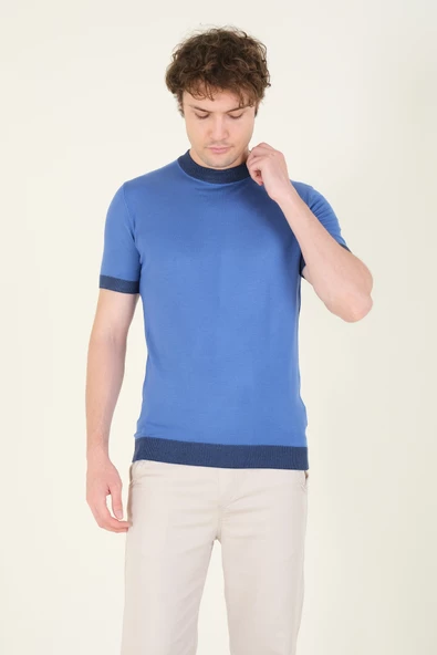 Erkek Yarım Balıkçı Merserize T-Shirt Mavi - 2