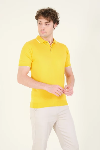 Erkek Çıtçıtlı Yaka Biyeli Merserize T-Shirt Sarı - 2
