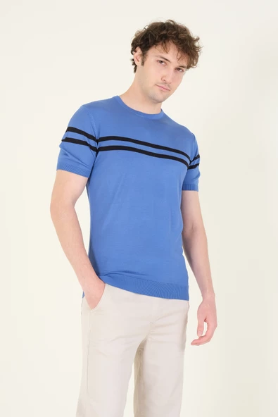 Erkek Sıfır Yaka Çizgili Merserize T-Shirt İndigo - 2