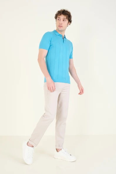 Erkek Çizgili Polo Yaka Merserize T-Shirt Mavi - 4