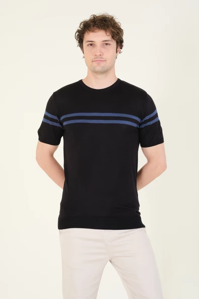 Erkek Sıfır Yaka Çizgili Merserize T-Shirt Siyah - 3