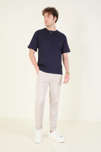 Erkek Sıfır Yaka Oversize Nakışlı T-Shirt Lacivert - 5