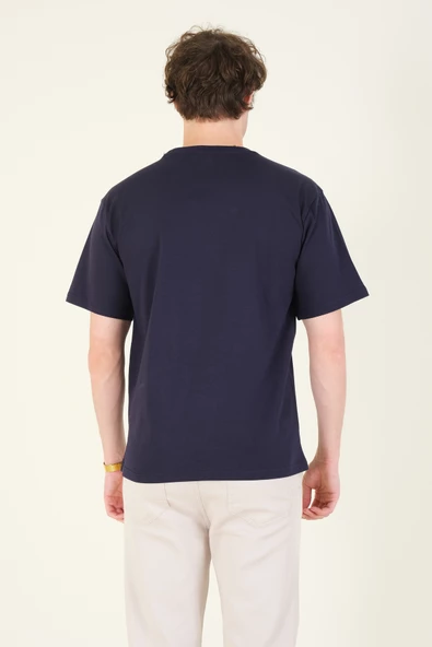 Erkek Sıfır Yaka Oversize Nakışlı T-Shirt Lacivert - 6